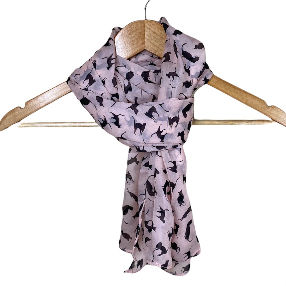 Silky Pale Pink Cat Scarf with Black Cats